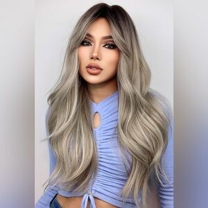 Full Machine Long Wave Wigs 26'' Ash Blonde Balayage